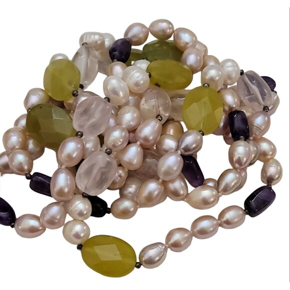 Pearl, Quartz Amethyst Knotted Strand Necklace 60" Long, K129 - Picture 3 of 9